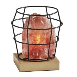 Faith Table Lamp In Black, Pink Himalayan Salt Rock & Natural Wood